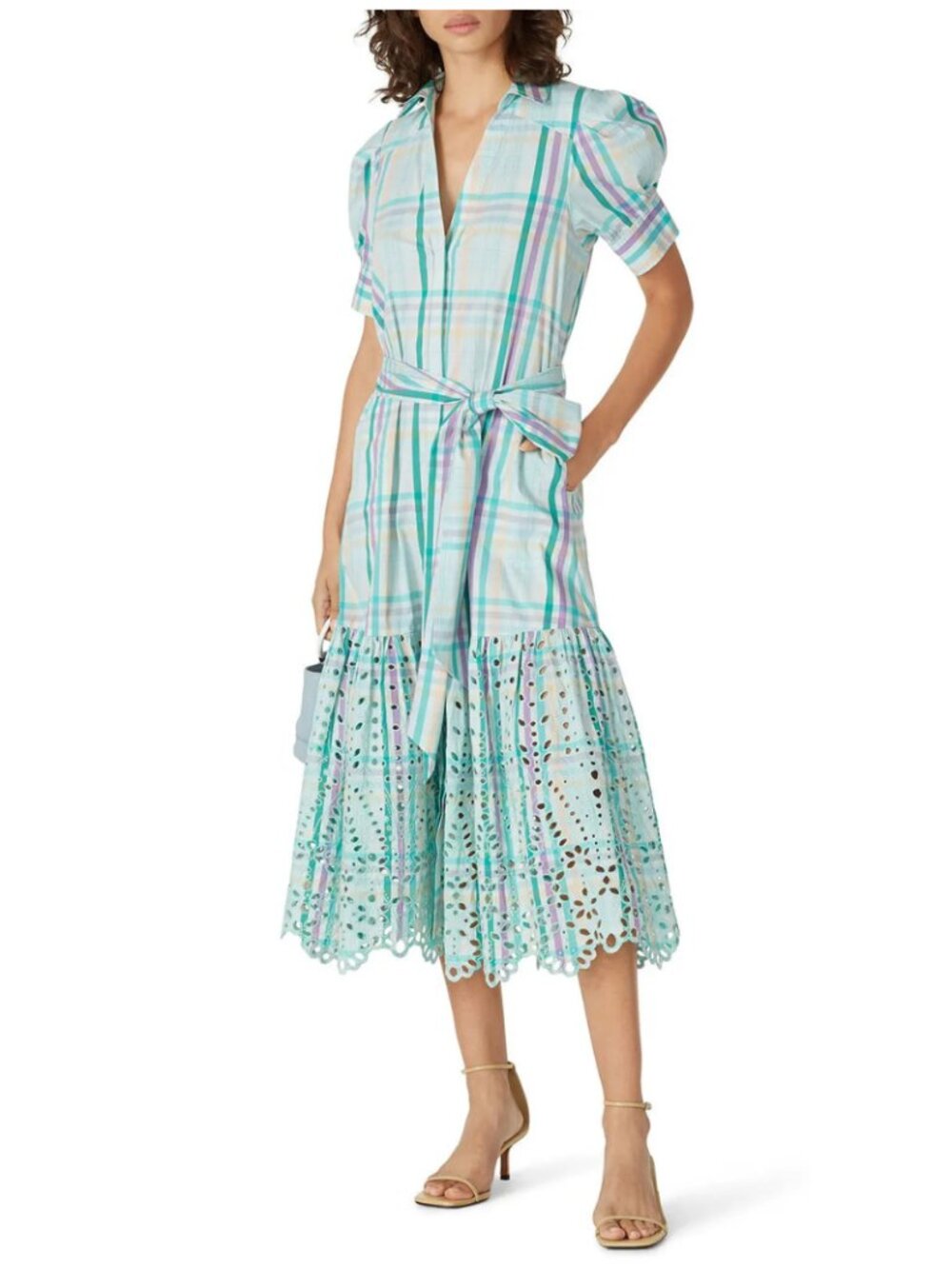 Tanya Taylor Plaid Print Midi Length Dress w Eyelet Lace Detail. Size 8. - Picture 6 of 6